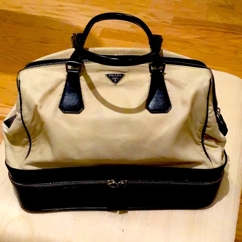 Authentic Prada Cream Canvas and Black Leather Travel bag w/Zipped Bottom